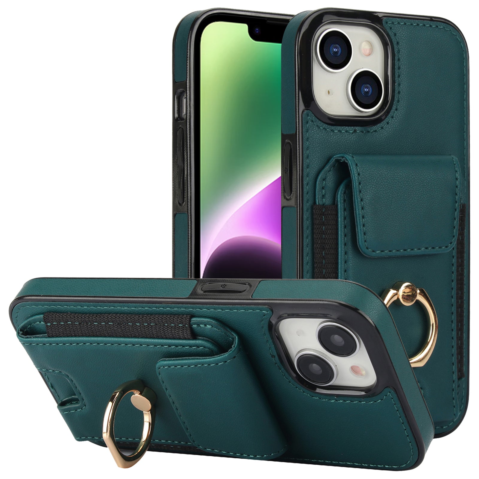 For iPhone 14 Case Card Holder Leather Coated TPU Shockproof Phone Cover with Ring Kickstand For iPhone 14 Case Card Holder Leather Coated TPU Shockproof Phone Cover with Ring Kickstand